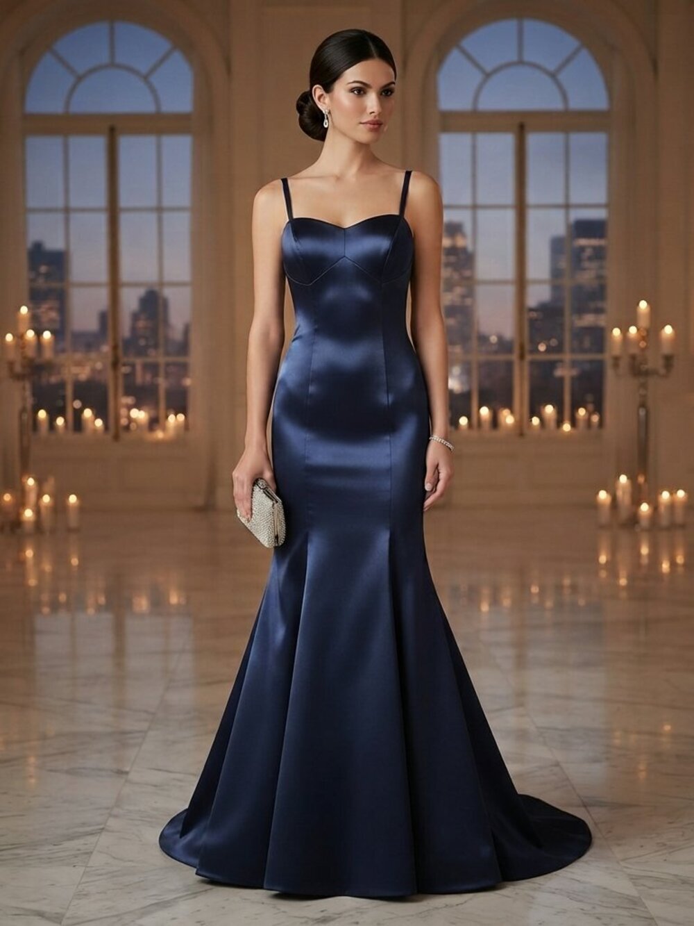 Mori Lee by Madeline Gardner Navy Blue Satin Mermaid Gown Formal 7/8 Small